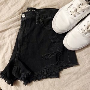 American Eagle High Rise Festival Distressed Fringe Black Denim Shorts Size 0